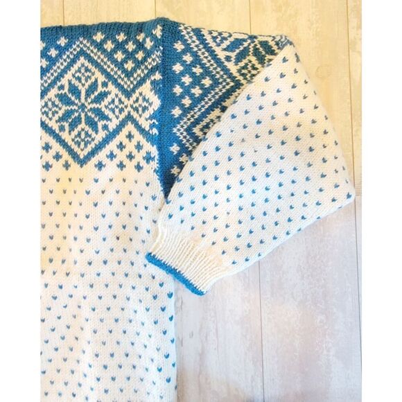 Vintage Wool Sweater‎ Nordic Snowflakes Hand Made Size Large Lt Blue Cream 80's - Picture 4 of 7
